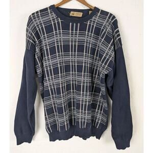 Vtg Sweater Mens Large Blue Plaid Knit Pullover Dad Grandpa Lord and Taylor Old